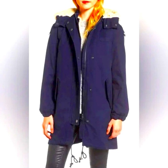NWT AG ADRIANO GOLDSCHMIED Dani Shearling Trim Parka Hooded Navy XS MSRP $698 - Picture 1 of 9